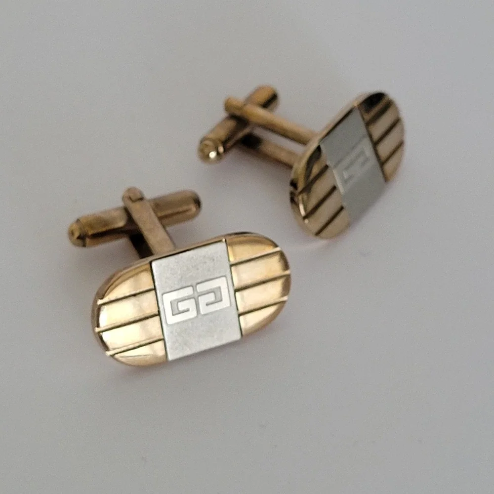 Givenchy‎ Vintage Two Tone Gold Silver Ribbed Oval Cufflinks Mens Accessory